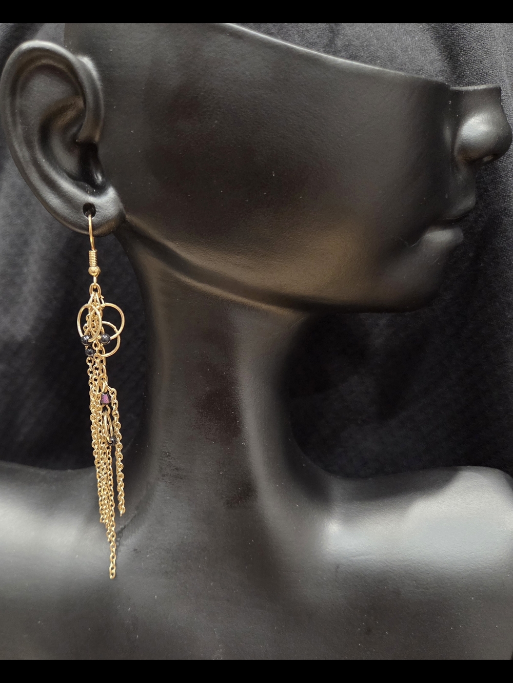 Gold Tassel Dangle Earrings with Black Accents - Women Jewelry